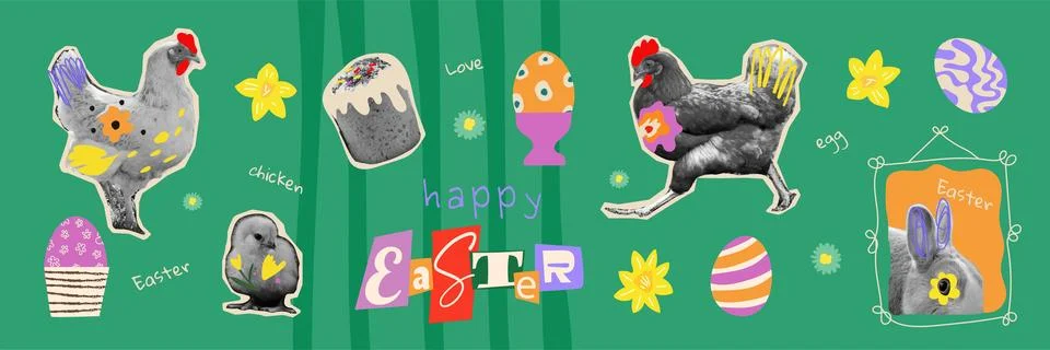 Easter collage illustration set with chicken, bunny and decorated eggs. Han.. Иллюстрация