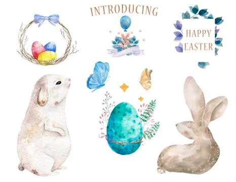 Easter collection, design elements. Watercolor two bunny and two butterfly Illustrazione stock
