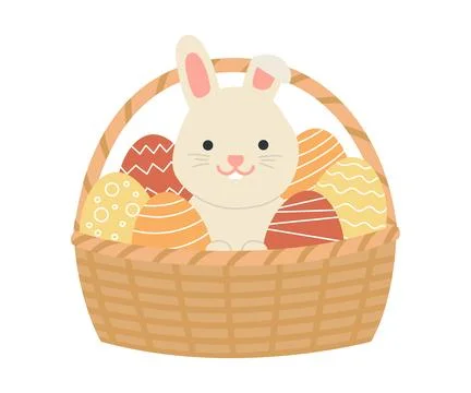 Easter color eggs and cute rabbit in basket. Easter holiday. Cartoon vector 스톡 일러스트