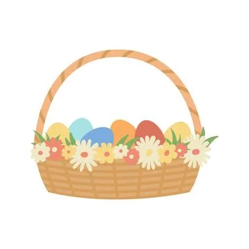 Easter color eggs in basket with decorated flowers. Easter holiday. Cartoon Illustration
