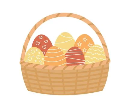 Easter color eggs in basket. Easter holiday. Cartoon vector illustration Stock Illustration