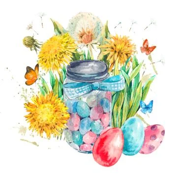Easter colored eggs and candy jar Stock Illustration