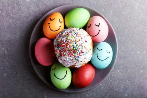 Easter colored eggs and Easter bread. Festive preparation for a card. Stock Photos