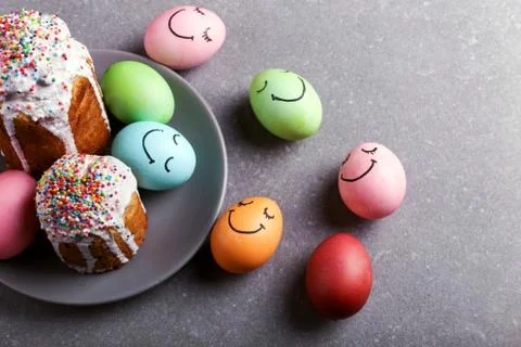Easter colored eggs and Easter bread. Festive preparation for a card. Stock Photos