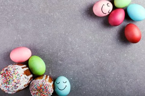 Easter colored eggs and Easter bread. Festive preparation for a card. Stock Photos