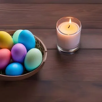 Easter colored eggs with a burning candle on a wooden table. Stock Illustration