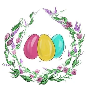 Easter colored eggs in a floral frame for decor Stock Illustration
