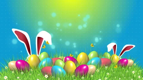 Easter colored eggs on green grass and rabbit ears. Abstract blue background Stock Footage 236246303