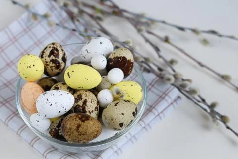 Easter, colored eggs on a light background, holiday background for your decor Foto stock