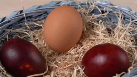 Easter colored eggs lying in the dried grass in a blue basket. Horizontal wiring Stock Footage 129658161