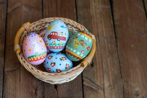 Easter colored eggs in the nest Stock Photos