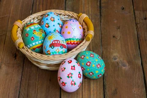 Easter colored eggs in the nest Stock Photos