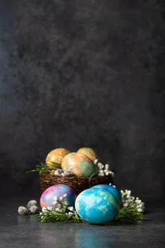 Easter colored eggs with spring flowers Stock Photos