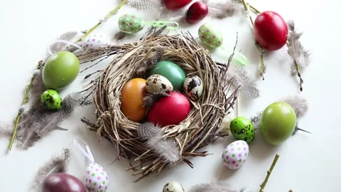 Easter colored eggs, top view Video stock 303823786