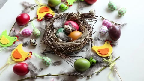 Easter colored eggs, top view Stock Footage 303823788