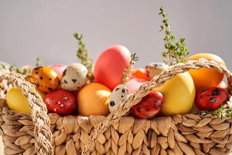 Easter colored eggs in a wicker bag. Easter composition. Stock Photos