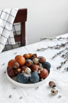 Easter colored eggs with willow sprigs on the table. Easter concept in white Stock Photos