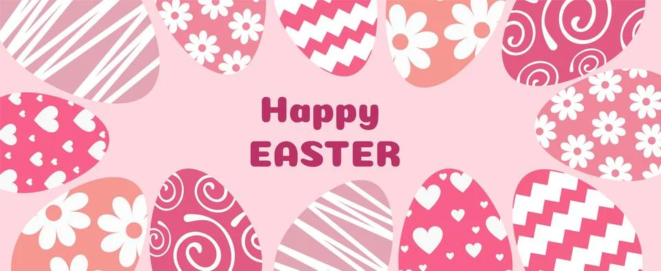 Easter colored horizontal background, chicken eggs with graphic Stock Illustration