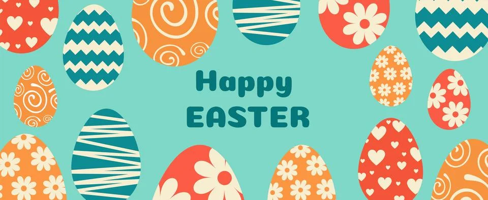 Easter colored horizontal background, chicken eggs with graphic Stock Illustration