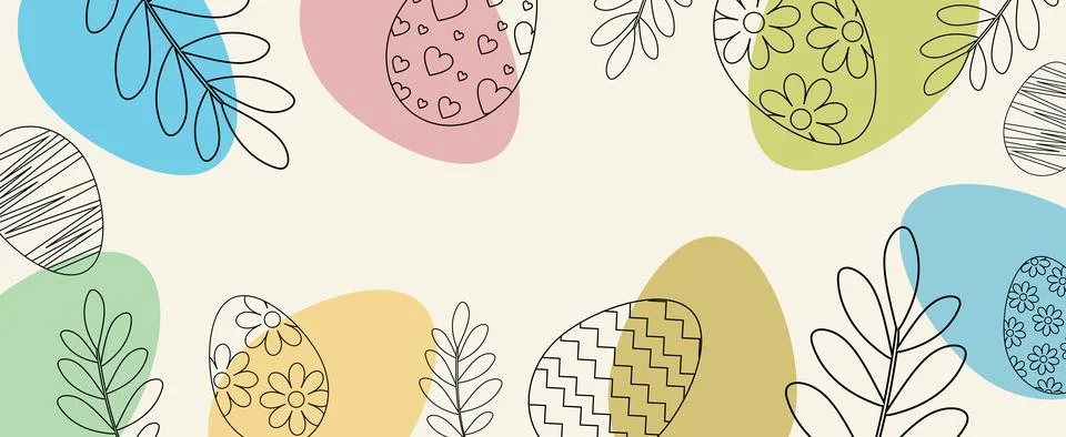 Easter colored horizontal background, chicken eggs with graphic Stock Illustration