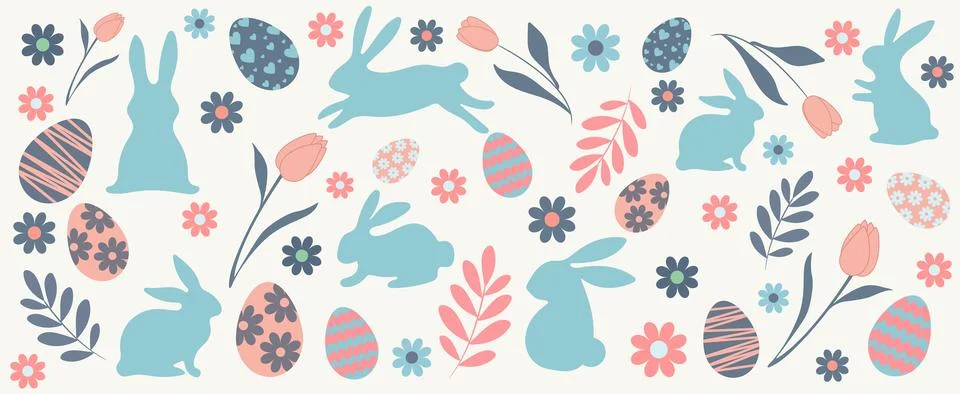 Easter colored horizontal background, chicken eggs with graphic Stock Illustration