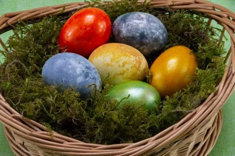 Easter, colored painted eggs in a wicker basket with moss Stockfoto's
