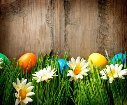Easter. Colorful Easter Painted Eggs in Spring Grass Stockfoto's