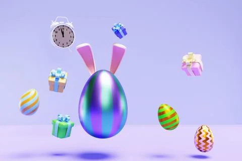 Easter. Colorful eggs with rabbit ears gift boxes on a lilac background. Illustrazione stock