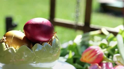 Easter colorful eggs rotate in nest with hey outdoor in sunny warming day. Stock-Footage 234548038