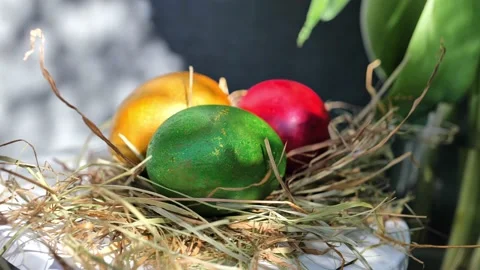 Easter colorful eggs rotate in nest with hey outdoor in sunny warming day. 動画素材 234548494
