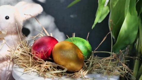 Easter colorful eggs rotate in nest with hey outdoor in sunny warming day. Stock Footage 234548842