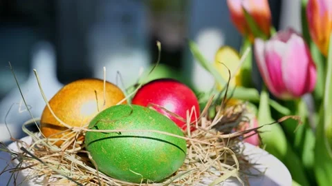 Easter colorful eggs rotate in nest with hey outdoor in sunny warming day. 動画素材 234548980