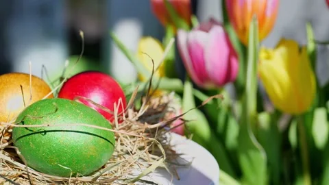 Easter colorful eggs rotate in nest with hey outdoor in sunny warming day. Stock-Footage 234548990