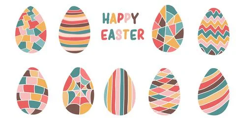 Easter colorful eggs set with different decor on white background Stock Illustration