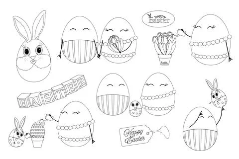 Easter Coloring Page Set. Cute Eggs, Bunny, and Spring Holiday Elements Illustrazione stock