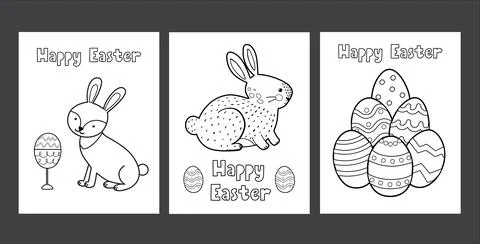 Easter coloring pages set with cute bunny and eggs. Black and white spring Stock Illustration