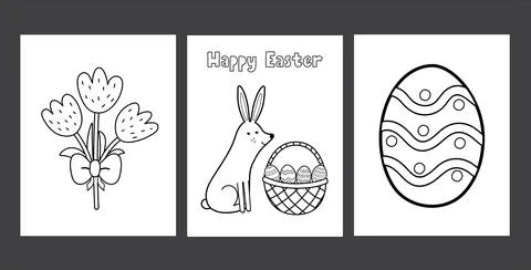 Easter coloring pages set with cute bunny, egg and tulips. Black and white Stock Illustration