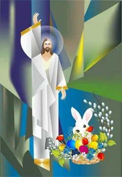Easter composition with a basket and Christ, Stock Illustration
