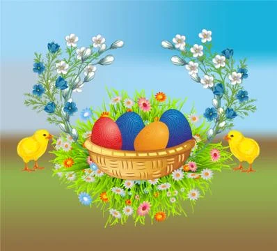 Easter composition with a basket, Stock Illustration