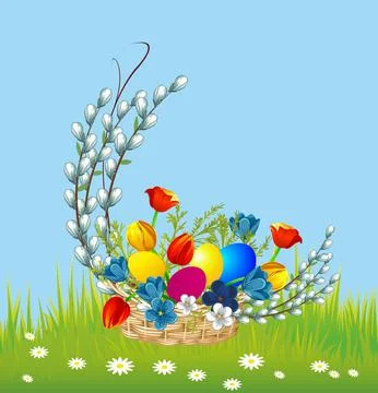 Easter composition with a basket, Stock Illustration