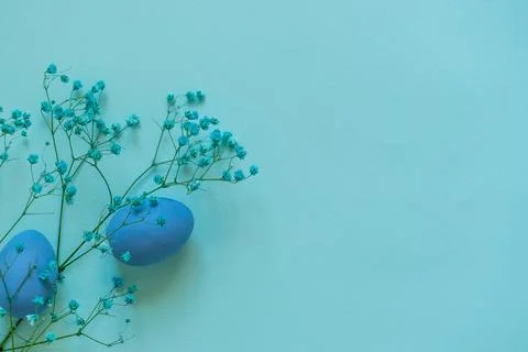Easter composition of blue eggs and branch of flowers on blue background 库存照片