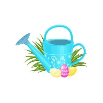 Easter composition with blue watering can, cute painted eggs and green grass Stock Illustration