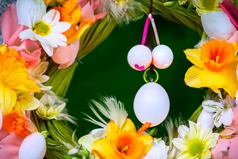 Easter composition of the branches, Easter colored eggs, flowers Stock Photos