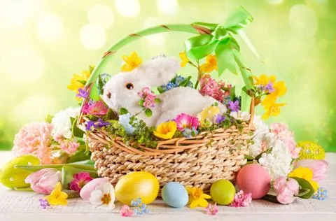 Easter composition with bunny in basket, spring flowers and colorful Easter.. Stock Photos