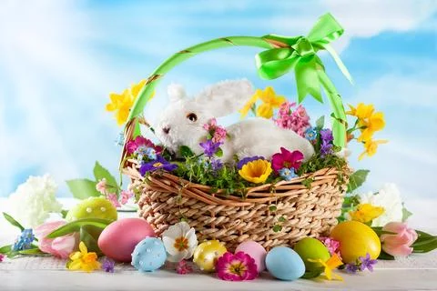 Easter composition with bunny in basket, spring flowers and colorful Easter.. Stock Photos