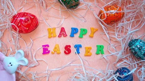 Easter composition with bunny, Easter eggs and words "Happy Easter" Stock Footage 103851775