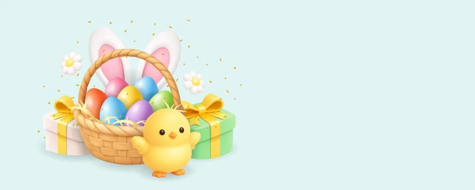 Easter composition with chick, basket of eggs and gift boxes. 3D realistic Stock Illustration