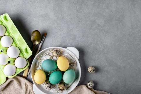 Easter composition with chicken and quail eggs Stock Photos