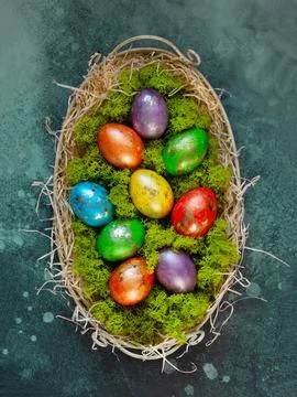 Easter composition with colorful Easter eggs Stock Photos