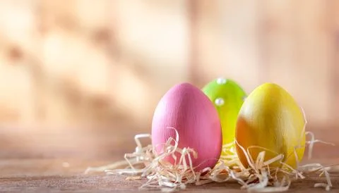 Easter composition with colorful Easter eggs. Stock Photos